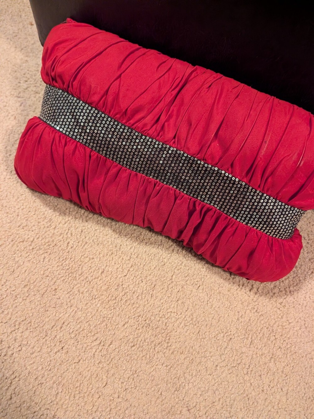 Red Ruched Accent Pillow with Studded Black Band